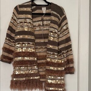 Chico's Brown, Cream & Gold Striped Sequin Fringe Cardigan new